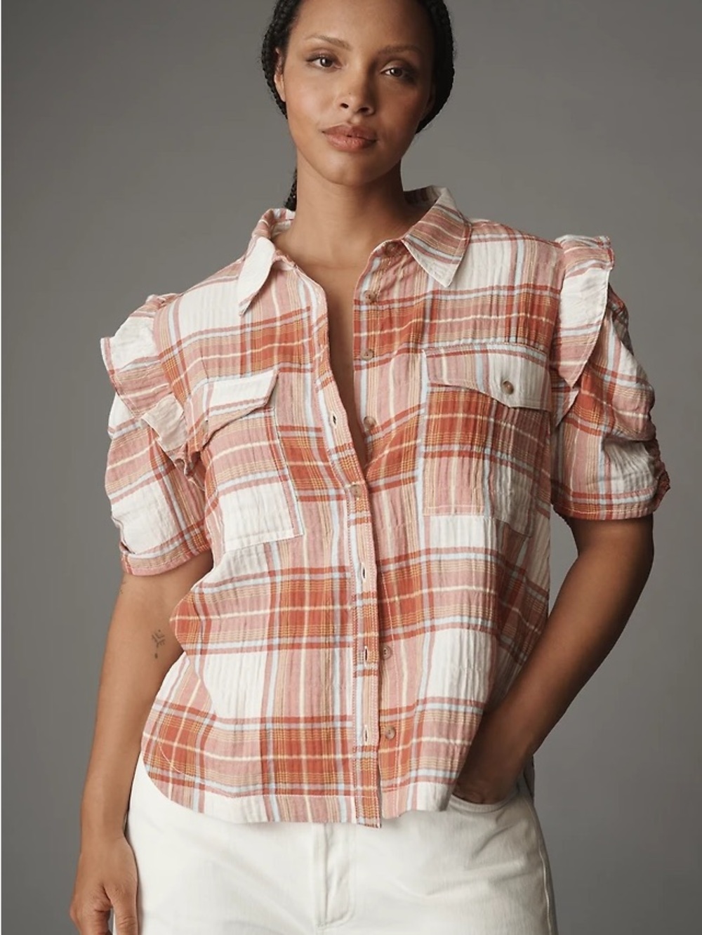 Pilcro The Ozzie ruffle sleeve plaid shirt from Anthropology - Picture 5 of 7
